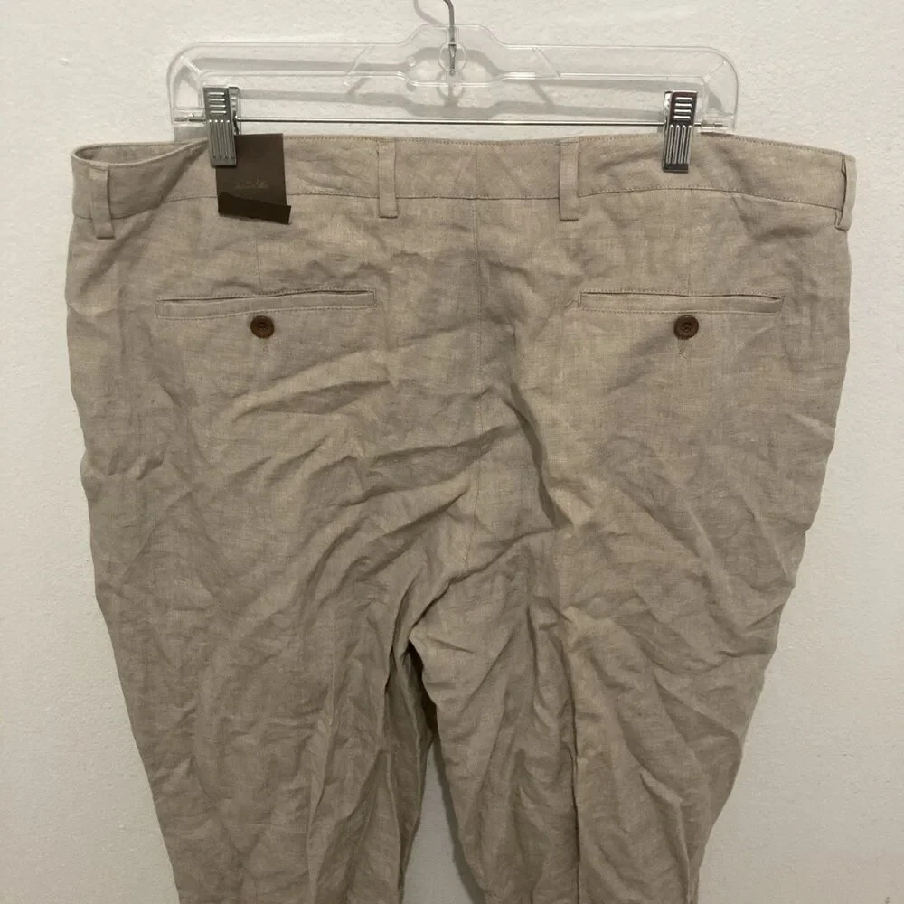 NWT TASSO ELBA beige flat front zip fly linen straight leg dress pants 40/32